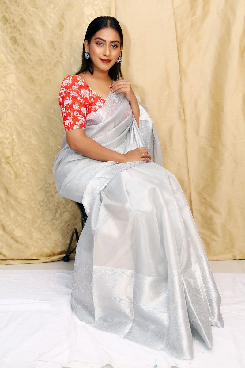Stunning Silver Colour Saree With Heavy Brocade Blouse Banarasi Beautiful  Zari Work In Form Of Traditional Motifs Soft Silk Saree