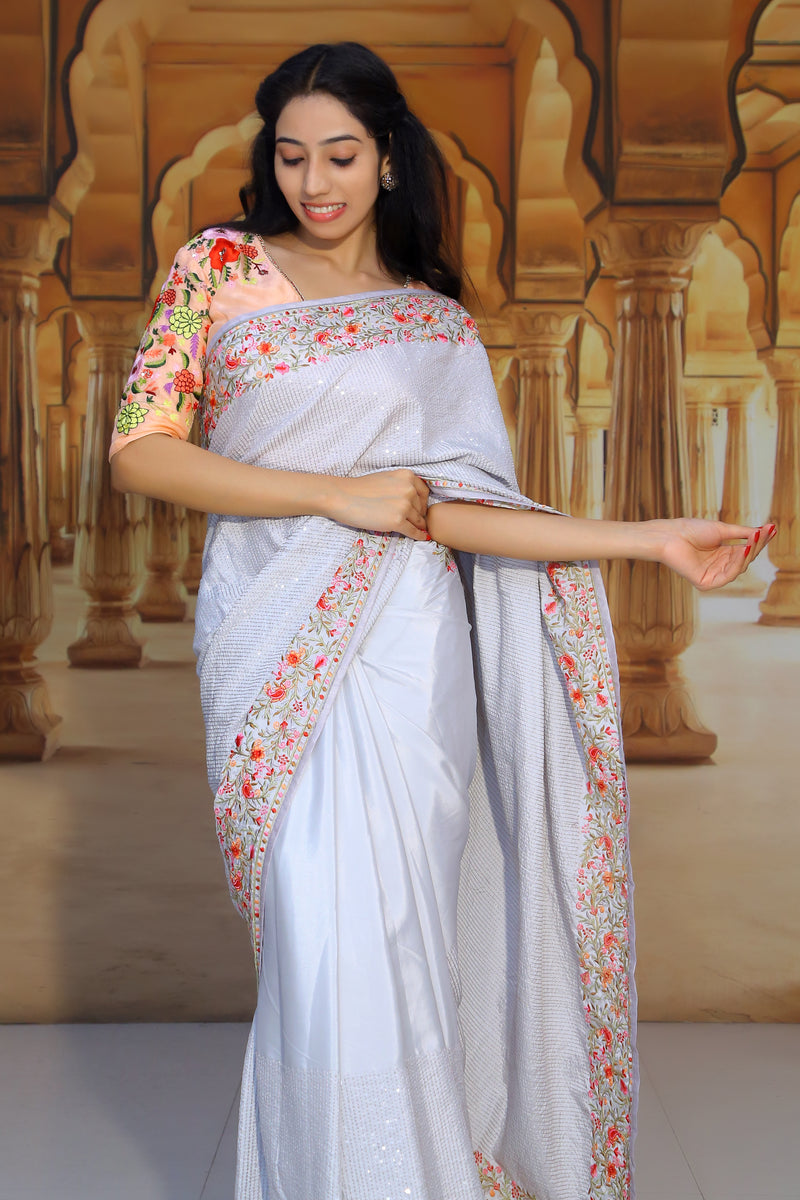 Buy Sky Blue Saree In Organza Silk With Embroidered Floral Buttis And 3D  Flowers On The Border Online - Kalki Fashion